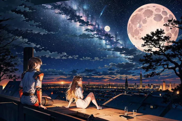 octans, sky, star (sky), scenery, starry sky, night, 1girl with a mecha robot, night sky, outdoors, building, cloud, (milky way),moon, sitting, tree, long hair, city, silhouette, skyline, <lora:octans-PYNOISE-LOHA:1>,far view,