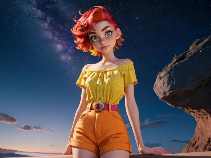 Disney, Pixar Disney, Pixar (Style: trending on artstation, ((high quality:1.2, masterpiece:1.2)) , (8k resolution) , high details, incredibly absurdres, color connection, colorized, colorful, sexy, nsfw, seductive, (3/4 body shot:1.2))
(1girl, 25 years old, big eyes, latina face, freckles, (short hair, shaved sides:1.2), multicolored hair, medium breasts)
<lora:octans-PYNOISE-LOHA:0.8> (backround: stars, sky, octans, night)