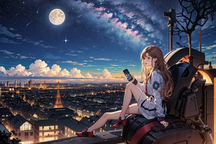 octans, sky, star (sky), scenery, starry sky, night, 1girl sitting on a mecha robot, night sky, solo, outdoors, building, cloud, (milky way),moon, sitting, tree, long hair, city, silhouette, skyline, <lora:octans-PYNOISE-LOHA:1>,far view,