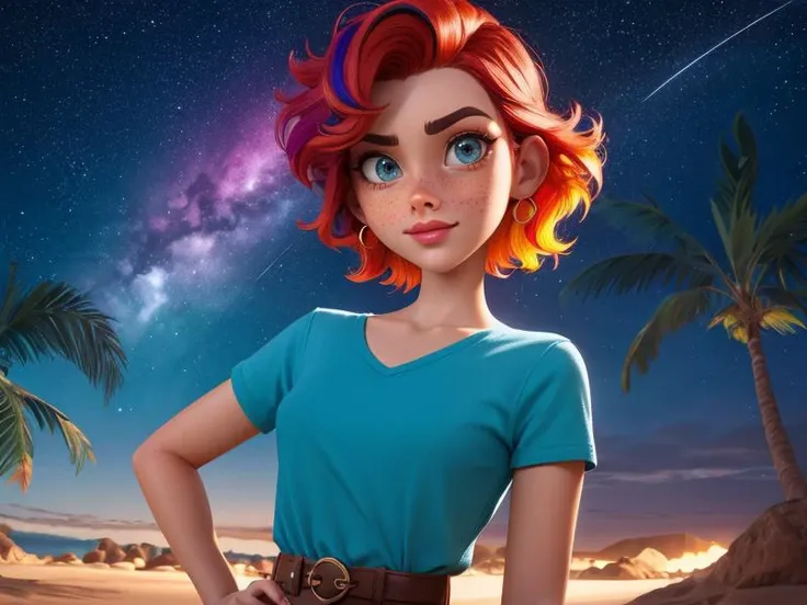 Disney, Pixar Disney, Pixar (Style: trending on artstation, ((high quality:1.2, masterpiece:1.2)) , (8k resolution) , high details, incredibly absurdres, color connection, colorized, colorful, sexy, nsfw, seductive, (3/4 body shot:1.2))
(1girl, 25 years old, big eyes, latina face, freckles, (short hair, shaved sides:1.2), multicolored hair, medium breasts)
<lora:octans-PYNOISE-LOHA:0.8> (backround: stars, sky, octans, night)