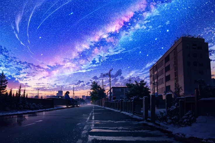 octans, sky, star (sky), scenery, starry sky, night, 1girl, night sky, solo, outdoors, signature, building, cloud, milky way, sitting, tree, long hair, city, silhouette, cityscape<lora:octans:1>