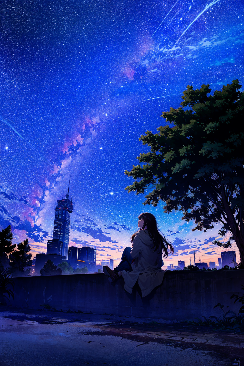 A woman sitting on a ledge looking at the stars in the sky - SeaArt AI