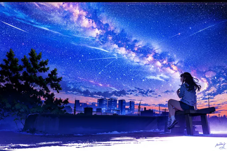 octans, sky, star (sky), scenery, starry sky, night, 1girl, night sky, solo, outdoors, signature, building, cloud, milky way, sitting, tree, long hair, city, silhouette, cityscape<lora:octans:1>