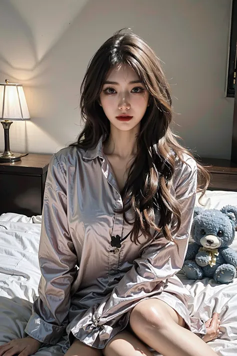 ((masterpiece), (best quality), ultra high res, (raw photo:1.2), (photorealistic:1.4), Exceptional detail, dramatic lighting, highres,   8k, absurdres, photorealistic, realistic,  on bed, bedroom, light,
xxlxhann, 1girl, brown hair, brown_eyes, long_hair, long_sleeves, looking_at_viewer, pajamas, realistic, sitting, solo, stuffed_animal, stuffed_toy
<lora:FilmG4:0.45> ,  <lora:xxlxhann-000005:0.65>
