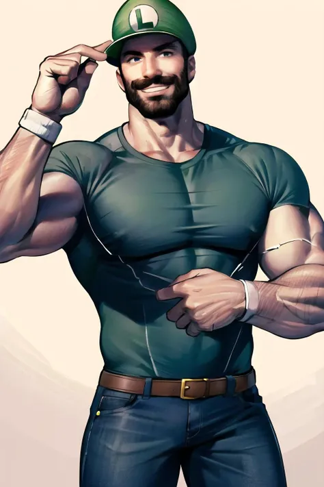Highly detailed, High Quality, Masterpiece, beautiful, Luigi, <lora:Char_MarioSeries_Luigi:0.8>, gigachad, <lora:Char_Sigmas_GigaChad:0.5>, smile, cowboy shot, muscular, muscular male,
