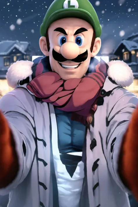 1boy, IncrsChkWarmingMeme, red scarf, pov, smile, closed mouth, <lora:PovCheekWarmingMeme:1>, winter clothes, Luigi, <lora:Char_MarioSeries_Luigi:0.8>, muscular, muscular male,