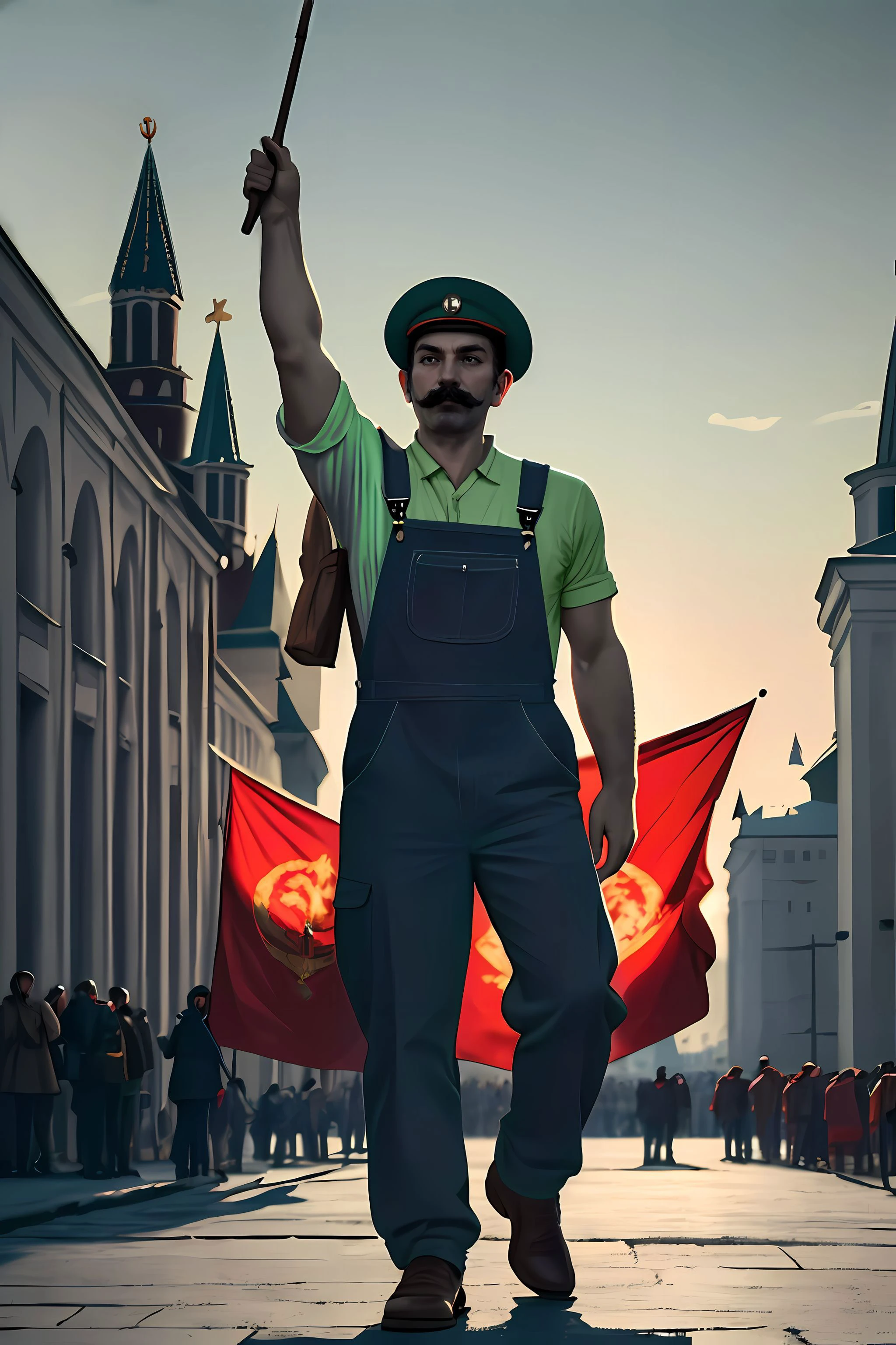 dramatic Soviet propaganda art, full body shot of Luigi, standing in front of a crowd, arm extended forward, soviet flag, lora:Luigi:0.9>, mustache, short hair, looking at viewer,
wearing green overalls, wearing luigi hat, soviet russian moscow city, kremlin, (masterpiece) (best quality) (detailed) (8k) (cinematic lighting) (sharp focus) (intricate)
<lora:Soviet_propaganda:0.5>