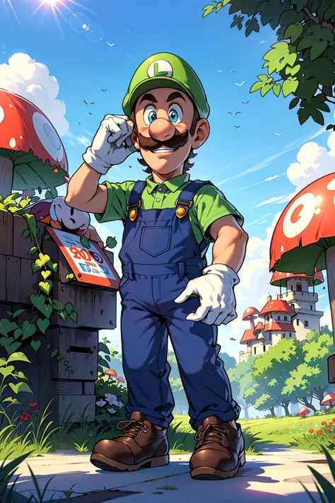(masterpiece),(best quality),(highres),
cartoon style, cartoon art,cartoon looking,
1boy, Luigi, <lora:Luigi:0.6>,short man,
green cap,hair behind ear,brown hair,
blue eyes, big pupils,thick eyebrows,
round nose,
mustache, 
green shirt, blue overalls,
(white gloves:1.1),
brown shoes,
smile,dynamic expression,(blush:0.9),embarrassed, 
standing,scratching head,  
looking at viewer,
outdoors, mushroom, colorful clouds, pink castles, grasslands, mushrooms,
sunlight, day, blue sky, soft light,
detailed background, (detailed eyes:1.21),