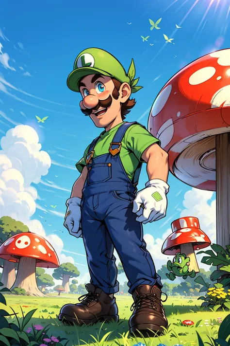 (masterpiece),(best quality),(highres),
cartoon style, cartoon art,cartoon looking,
1boy, Luigi, <lora:Luigi:0.6>,short man,
green cap,hair behind ear,brown hair,
blue eyes,thick eyebrows,
round nose,
mustache,
green shirt, blue overalls,
(white gloves:1.1),
brown shoes,
looking at viewer,smile,dynamic expression,blush,embarrassed,
standing, front,
outdoors, mushroom, colorful clouds, pink castles, grasslands, mushrooms,
sunlight, day, blue sky, soft light,
detailed background, (detailed eyes:1.21),