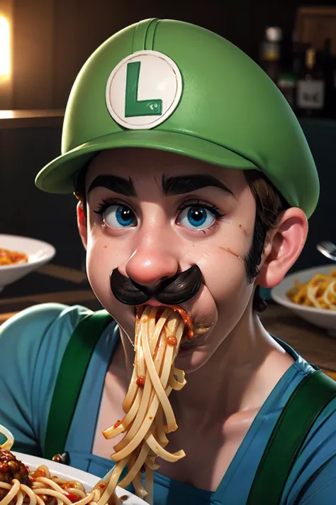 <lora:Luigi:0.8> Luigi, (man:1.33)  (mustache:1.1),  octane render, 4k, portrait shot, luigi hat, blue shirt, green suspenders,  short hair,<lora:CheekBulgeFellatioMS:0.8>  <lora:poke:0.2> cheek poking fellatio, cheek bulge, [penis:(((spaghetti))):2] and meatballs, [cum((sauce)):2], (blowjob), head tilt, oral, (crowd:1.21), highly detailed, high quality, best quality, looking at viewer, restaurant