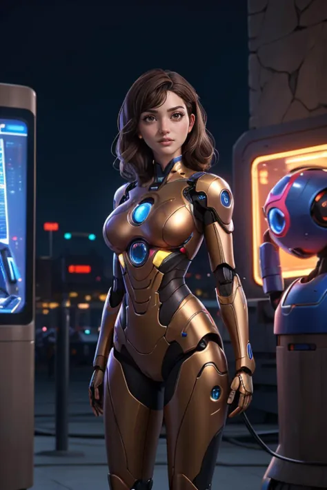 (best quality:1.3),masterpiece,high resolution,photo,realistic,4k,unreal,1 girl,
standing in front of video wall,touching screen,multiple robots,future metropolis,low light,
 <lora:Sexy-Spanish:0.8>   brown hair, light brown eyes,
 <lora:53XY-Gynoid:0.8> gynoid, fembot,
outdoors, futuristic,
<lora:detail_slider_v4:1.2>