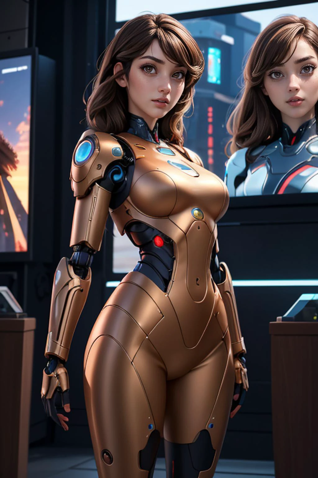(best quality:1.3),masterpiece,high resolution,photo,realistic,4k,unreal,1 girl,
standing in front of video wall,
<lora:Sexy-Spanish:0.8> brown hair, light brown eyes,
<lora:53XY-Gynoid:0.8> gynoid, fembot,
outdoors, futuristic,
<lora:detail_slider_v4:1.2>