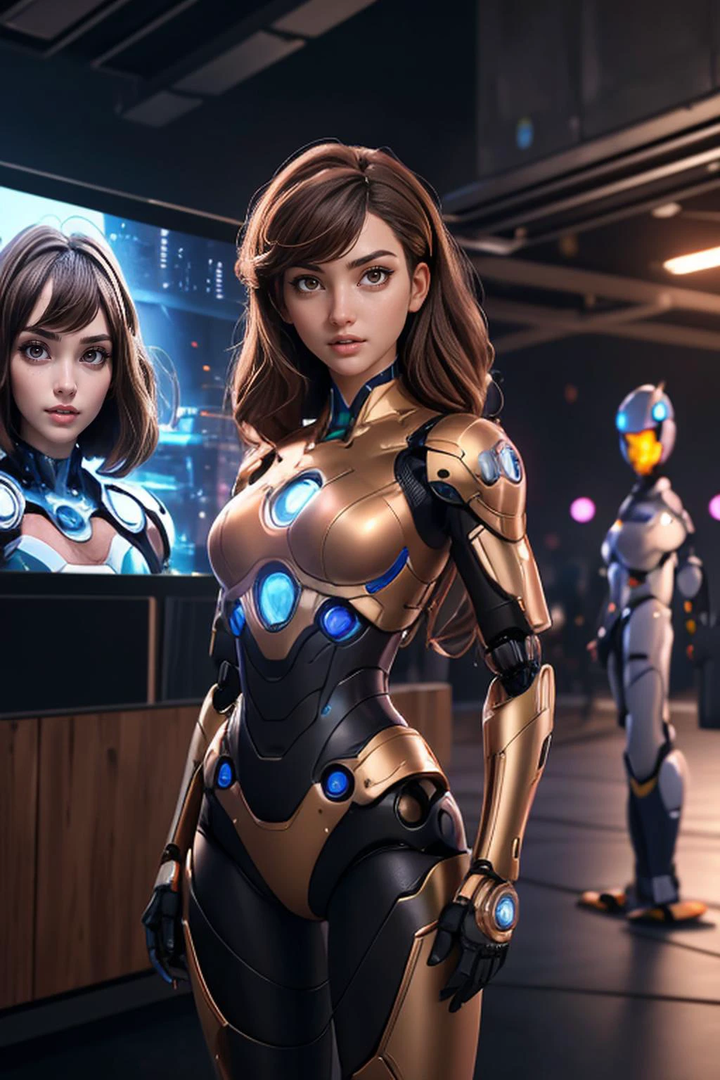 (best quality:1.3),masterpiece,high resolution,photo,realistic,4k,unreal,1 girl,
standing in front of video wall,touching screen,multiple robots,future metropolis,low light,
<lora:Sexy-Spanish:0.8> brown hair, light brown eyes,
<lora:53XY-Gynoid:0.8> gynoid, fembot,
outdoors, futuristic,
<lora:detail_slider_v4:1.2>