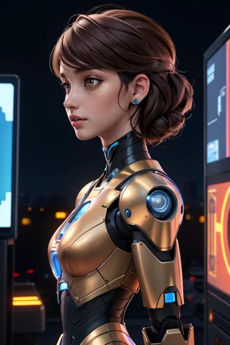 (best quality:1.3),masterpiece,high resolution,photo,realistic,4k,unreal,1 girl,
standing in front of video wall,touching screen,multiple robots,future metropolis,low light,
 <lora:Sexy-Spanish:0.8>   brown hair, light brown eyes,
 <lora:53XY-Gynoid:0.8> gynoid, fembot,
outdoors, futuristic,
<lora:detail_slider_v4:1.2>