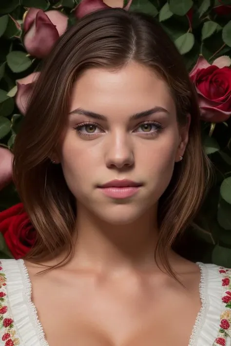 A full body photo of actress alba baptista <lora:Alba_Baptista:0.85>,studio photography,highly colored,stunning,photography by andreas gusrki,surreal portrait photography for the haute couture awards with flowers around (sharp focus on eyes) (skin texture:1.2),