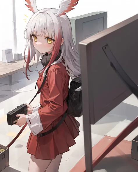 best quality,highly detailed,masterpiece,ultra-detailed,solo,(1girl),(Delicate eyes),(white background:1.3),japanese_crested_ibis_\(kemono_friends\),long hair,yellow eyes,