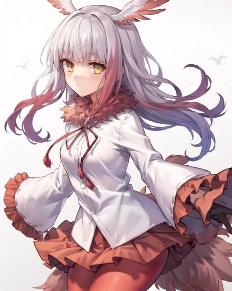 best quality,highly detailed,masterpiece,ultra-detailed,solo,(1girl),(Delicate eyes),(white background:1.3),head_wings, japanese_crested_ibis_\(kemono_friends\), 1girl, multicolored_hair, pantyhose, yellow_eyes, skirt, long_sleeves, red_hair, solo, red_legwear, tail, frills, pleated_skirt, frilled_sleeves, fur_collar, white_hair, gloves, shirt, sidelocks, red_skirt, wide_sleeves, jitome, red_gloves, bird_wings, bird_tail, two-tone_hair, eyebrows_visible_through_hair, drawstring, buttons, cowboy_shot, gradient_hair, short_hair_with_long_locks, blunt_bangs, long_hair, bangs, looking_at_viewer