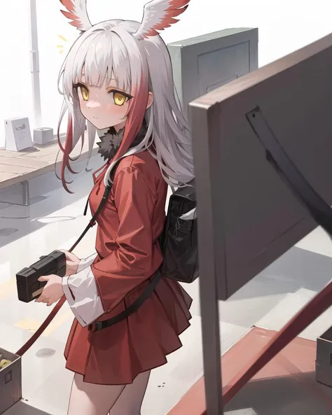 best quality,highly detailed,masterpiece,ultra-detailed,solo,(1girl),(Delicate eyes),(white background:1.3),japanese_crested_ibis_\(kemono_friends\),long hair,yellow eyes,