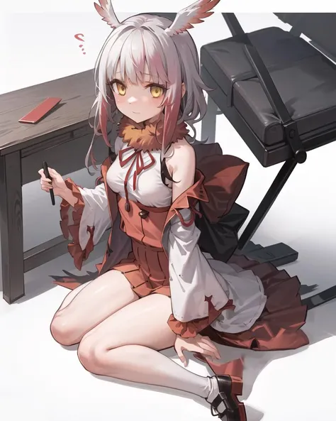 best quality,highly detailed,masterpiece,ultra-detailed,solo,(1girl),(Delicate eyes),(white background:1.3),japanese_crested_ibis_\(kemono_friends\),long hair,yellow eyes,wariza,