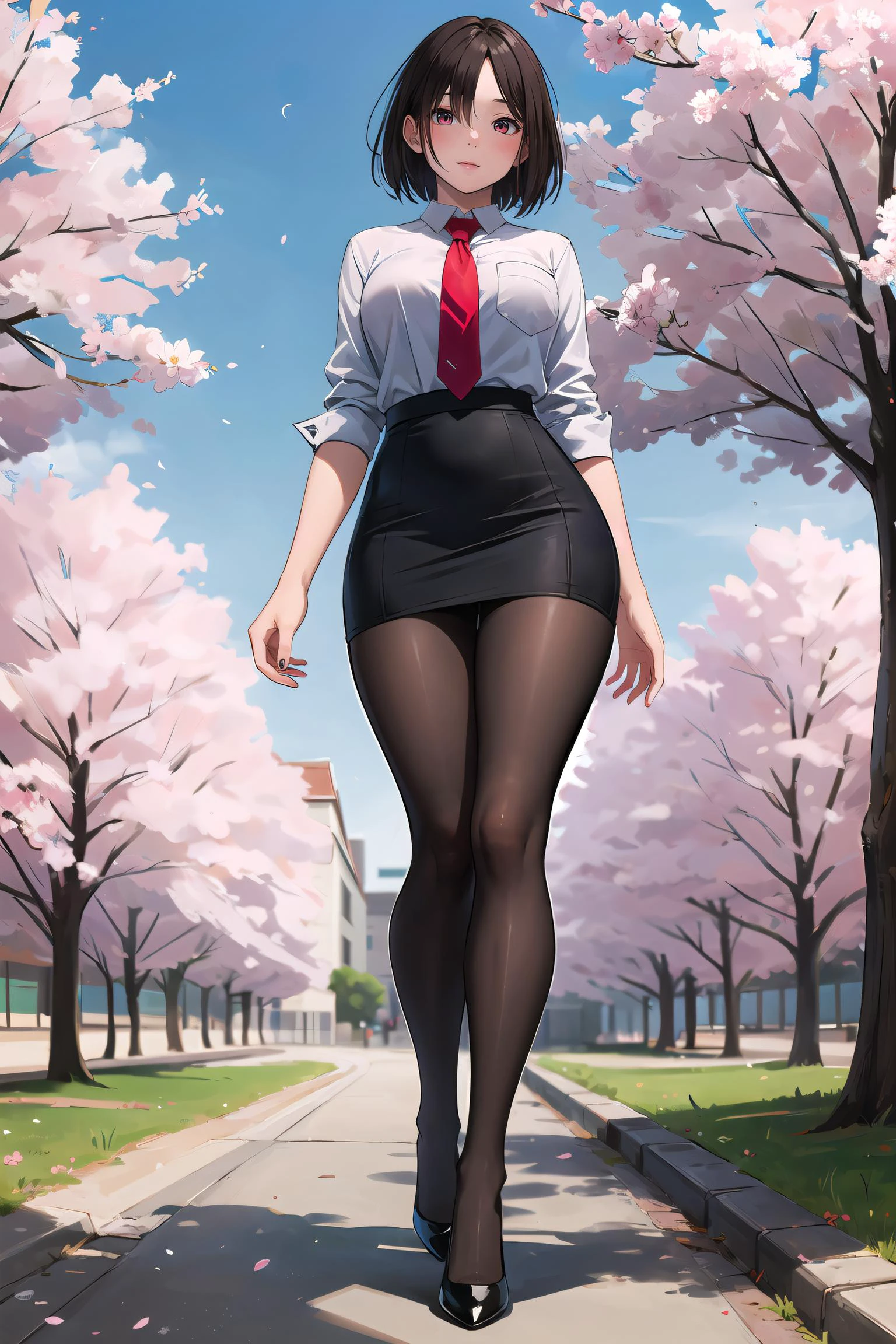 masterpiece, best quality,4girl,young girl, plum_pie eyes, brown, choppy bob,envious _face,shiny skin,medium breasts,nice leg line:1.3,thick thighs, thin waist,school uniform, thighhighs,necktie,((pencil skirt)),red color high heels, pantyhose, , Pathway_lined_with_blooming_cherry_blossom_trees,,looking at viewer,from below,full body, legsupsexms,