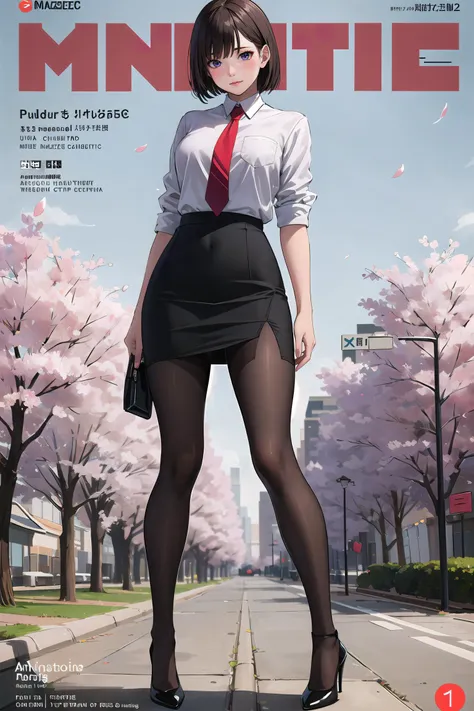 (magazine cover:1.4),masterpiece, best quality,4girl,young girl, plum_pie eyes, brown, choppy bob,envious _face,shiny skin,medium breasts,nice leg line:1.3,thick thighs, thin waist,school uniform, thighhighs,necktie,((pencil skirt)),red color high heels, pantyhose, , Pathway_lined_with_blooming_cherry_blossom_trees,crowd,looking at viewer,from behind:1.3,full body, legsupsexms,