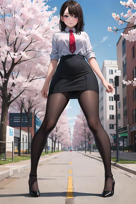 masterpiece, best quality,4girl,young girl, plum_pie eyes, brown, choppy bob,envious _face,shiny skin,medium breasts,nice leg line:1.3,thick thighs, thin waist,school uniform, thighhighs,necktie,((pencil skirt)),red color high heels, pantyhose, , Pathway_lined_with_blooming_cherry_blossom_trees,,looking at viewer,from below,full body, legsupsexms,