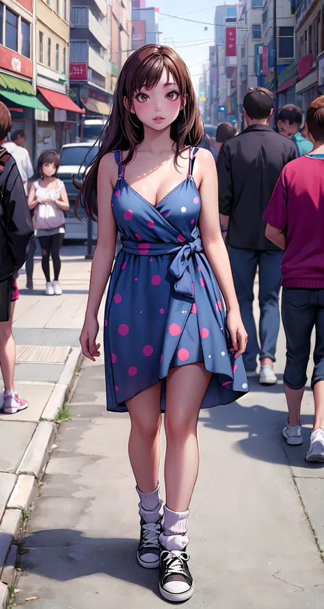 masterpiece, best quality,1girl,28 year old woman,brown eyes,long hair,shiny_skin,thin_waist,large breasts
BREAK
polka_dots_wrap_dress,socks,,
        converse
BREAK
day,, Acting_school,,crowd:1.1,depth of field,looking at viewer,walking,random angle