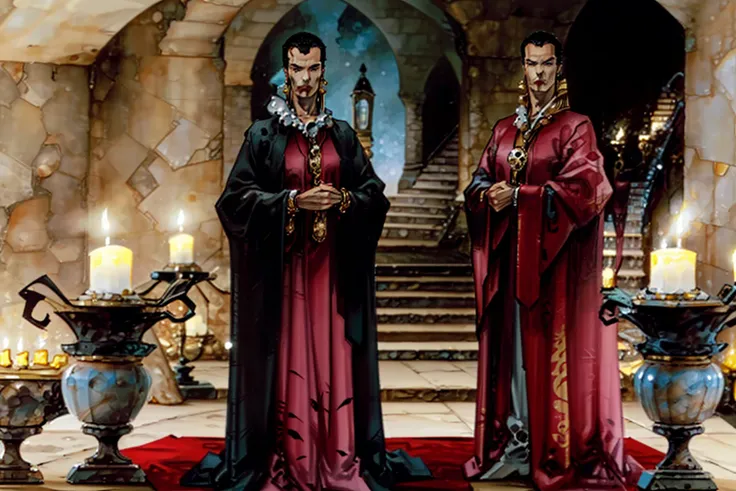 1woman, slave, escultural body, gold chains, necklace, black hair, breasts, jewelry, large breasts, armlet, earrings, standing, looking at camera, 1man old vampire, stairs, candle, castle, detailed background<lora:azpiri2:1>