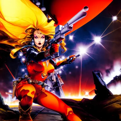woman, solo, blonde hair, long hair, make up, big breasts, laser rifle, weapon, wielding, orange bodysuit, science fiction<lora:azpiri2:1>