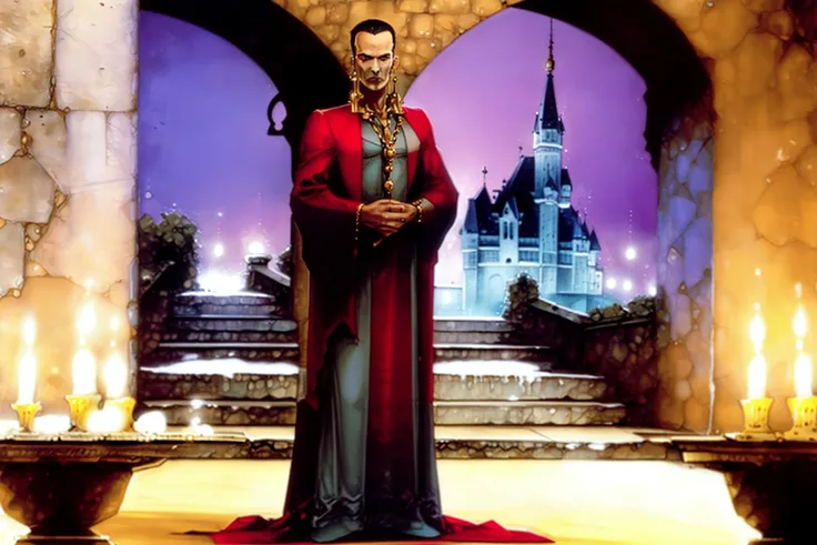 1woman, slave, escultural body, gold chains, necklace, black hair, breasts, jewelry, large breasts, armlet, earrings, standing, looking at camera, 1man old vampire, stairs, candle, castle, detailed background<lora:azpiri2:1>