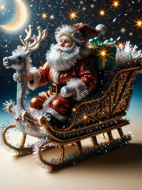 A jolly Santa Claus riding a sleigh crafted from ral-tinsel, soaring through the starry night sky, delivering gifts to children around the world. <lora:ral-tinsel-sdxl:1><lora:EnvyBetterHiresFixXL01:0:hr=1>