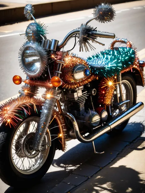 A classic motorcycle parked on a city street, its handlebars and mirrors festooned with bright ral-tinsel <lora:ral-tinsel-sdxl:1><lora:EnvyBetterHiresFixXL01:0:hr=1>