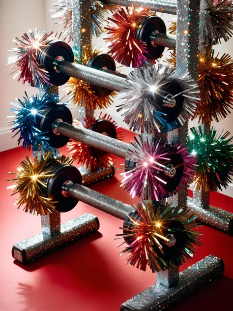 A set of gym dumbbells on a rack, each one covered in shiny ral-tinsel, giving a festive twist to the workout equipment <lora:ral-tinsel-sdxl:1><lora:EnvyBetterHiresFixXL01:0:hr=1>