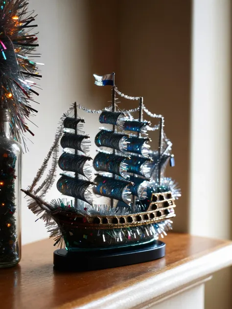 A detailed ship in a bottle on a mantlepiece, the tiny sails and deck wrapped in miniature ral-tinsel strands <lora:ral-tinsel-sdxl:1><lora:EnvyBetterHiresFixXL01:0:hr=1>