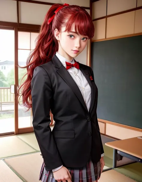 photo of a college student,(pretty eyes), ((japanese classroom background)), dskasumi, red hair, long hair, ponytail, red eyes, hair bow, shuujin academy uniform, school uniform, blazer, pleated skirt, standing, outdoors, park, detailed background,  <lora:dskasumi-v2:.6>, centered,masterpiece, expressive eyes,best quality, highres,(hyperrealism:1.5), extremely detailed eyes,extremely detailed,perfect face,perfect eyes,body,hands, (in frame), (cowboy shot),  , <lora:more_details:.4>