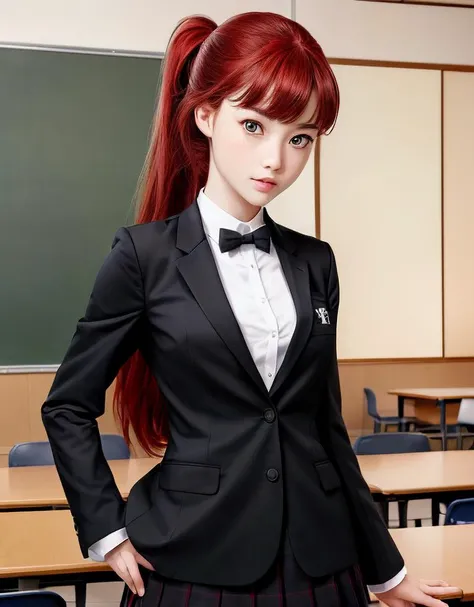photo of a college student,(pretty eyes), ((japanese classroom background)), dskasumi, red hair, long hair, ponytail, red eyes, hair bow, shuujin academy uniform, school uniform, black blazer, black pleated skirt, standing, detailed background, <lora:dskasumi-v2:.6>, centered,masterpiece, expressive eyes,best quality, highres,(hyperrealism:1.5), extremely detailed eyes,extremely detailed,perfect face,perfect eyes,body,hands, (in frame), (cowboy shot), , <lora:more_details:.4>
