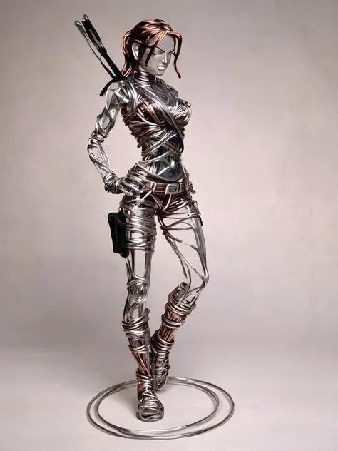 A wire sculpture of Lara Croft, wirex, wix1, pistols, shorts <lora:wirex:1>