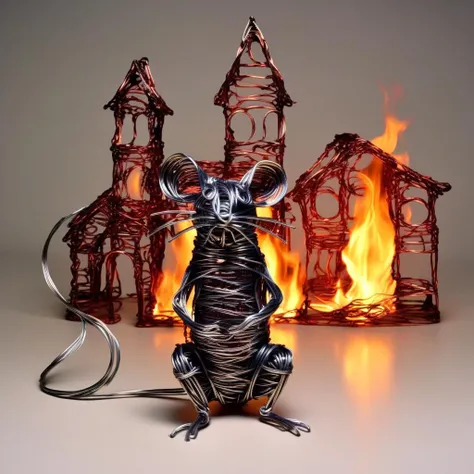 wirex wire sculpture rat in the background, burning houses, destroyed cars, darkness, flames <lora:wirex:0.8>