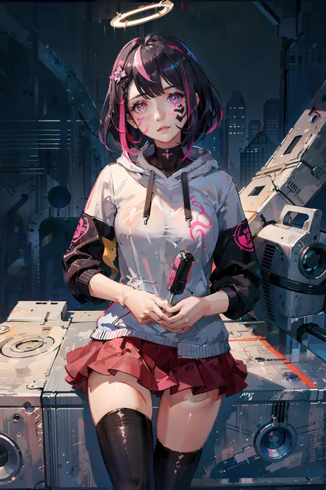 (best quality), masterpiece, ((ultra-detailed)), an extremely delicate and beautiful girl, bright eyes, best shadow, red eyes, (((symbol-shaped pupils ))), (hoodie), beautiful detailed eyes, (((gorgeous))), ((facepaint)),((pink streaked hair)),(pink tattoo),(highly detailed:1.2)