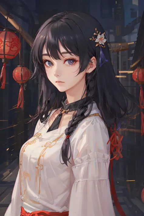 <lora:beautifulDetailedEyes_v10:0.3>, <lyco:vividImpactfulStyleYoneyamaMai_v40hLocon:0.2>, (masterpiece), ho tao, black hair, long hair, town background, no arm, detailed red eyes, adult, portrait, 1 girl, <lora:add_detail:0.1>,  <lora:fashigirl-v5.5-lora-naivae-64dim:0.5><lora:huTaoGenshinImpact_v12:1.0><lora:huTaoGenshinImpact_v12:1.0>