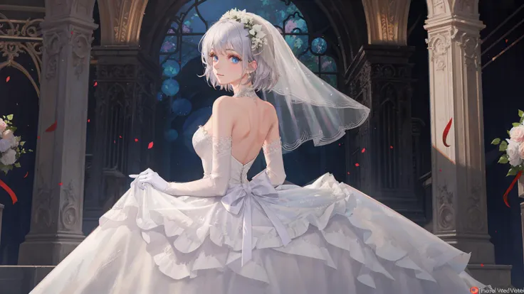 Masutepiece, Highest Quality, (Perfect face:1.1), (high detailing:1.1), (ultradetailed eyes), Dramatic,superfine illustration,Extremely detailed,1girl in,teenager,(pale skin),(long white hair:1.4),Ethereal eyes,Blue eyes, With eyes highlights,Solo,Smile,Happy,Laugh,Enjoy, Open mouth,Pouty lips,Cinematic lighting, Cowboy Shot,looking for viewer, wedding dress