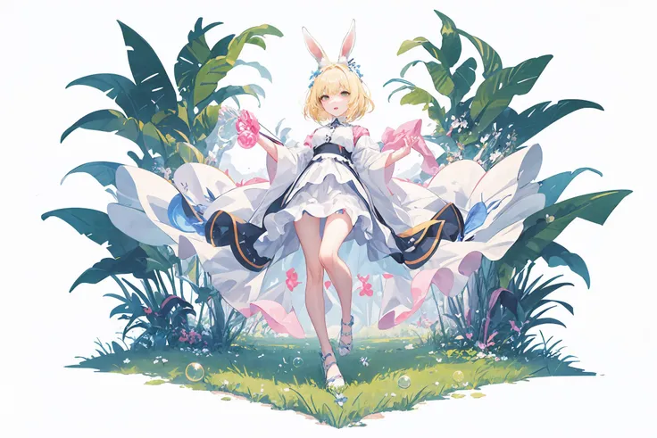 (highest quality,masterpiece,16K or 8K,Super detailed),white background, blondhair kemono,girl,(long droopy rabbit ears),rabbit's tale, golden eyes, big eyes ,Flowers and colorful plants, beautiful,magical forest,colorful butterflys,cute,fantasy, pastel academia, dappled sunlight, soft lighting, full body shot, happy, sitting on the floor, (looking at viewer),holding a rabbit, shy, flushed cheeks, sitting on the floor、one rabbit,