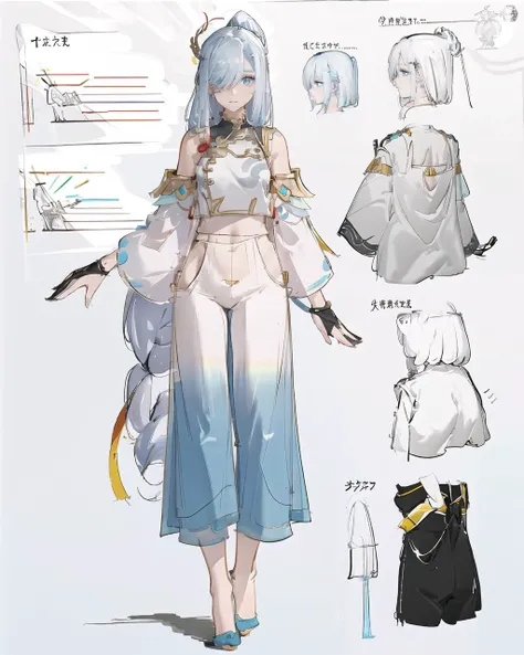 multiple views,pencil sketch,(sketch:1.25),shy,best quality,graphite \\(medium\\),ske,gradient,rainbow,note,Line draft,highres,absurdres,(ultra-detailed:1.1),(illustration:1.1),(infographic:1.2),pajamas,(all clothes configuration:1.15),(solo),perfectly drawn hands,standing,cohesive background,paper,action,(character design:1.1),
<lora:è§è²åç¥ç³é¹¤:0.75>,1girl,hair over one eye,blue eyes,very long hair,hair ornament,bare shoulders,bangs,ponytail,
<lora:æè£
ç»èèé¢ä¸èº«:0.85>,
<lora:飿 ¼æ¼«ç»é£çº¿ç¨¿:0.4>,<lora:飿 ¼ä¼åç»é£è½¬æç»:0.2>,