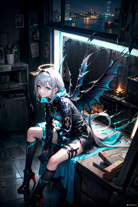 (Highest picture quality),(Master's work),(ultra-detailed),(Detailed eye description:1.0),(lens flare:1.0),(movie poster:1.0),(Tarot border:1.0),the portrait is centered,(close-up:1.0),(nagative space:0.8),(negative space:1.6),(solo),(floating colorful fire:1.0),(many colorful thorns:1.0),(floating yellow ribbons:1.0),(flame wings:1.0), (night,black theme:1.2), (multicolored:1.0),(beautiful detailed glow:1.0),(leaning forward:1.2),(smirk:1.0),(small:1.0),(closed mouth:1.0),(),one eye closed,(grey hair:1.4),(short hair:1.0),(from above:1.3),(halo:1.3),(head tilt:1.0),(dynamic pose:1.1),(asymmetrical hair:1.2),(blue armor:1.0),(fantasy,magician),(puffy dress),(aqua eyes:1.4),swept bangs,ponytail,drill hair,sweater,(floating cape:1.0),(vampire, bat wings:1.1),(city,skyscraper:1.4),(indoors,inside:1.1),tiara,,(sitting:1.1),(white skin:1.1),(portrait:1.25),,
