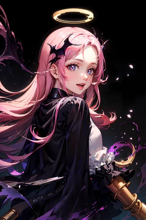 (Highest picture quality),(Master's work),(ultra-detailed),(Detailed eye description:1.0),(lens flare:1.0),(movie poster:1.0),(Tarot border:1.0),the portrait is centered,(close-up:1.0),(nagative space:0.8),(negative space:1.6),(solo),(floating colorful sparkles:1.0),(many colorful cubes:1.0),(floating grey blades:1.0),(ice magic:1.0), (night,black theme:1.2), (iridescent:1.0),(beautiful detailed glow:1.0),(leaning forward:1.2),(smile:1.0),(small:1.0),(open mouth:1.0),(eyelashes),,(pink hair:1.4),(long hair:1.0),(from side:1.3),(halo:1.3),(head tilt:1.0),(dynamic pose:1.1),(asymmetrical hair:1.2),(lime outfit:1.0),(casual,casual clothes),(tights),(purple pupils:1.4),(forehead:1.5),asymmetrical bangs,,,,(floating cape:1.0),(vampire, bat wings:1.1),(abstract background:1.4),(indoors,inside:1.1),straw hat,tiara,(laying:1.1),(white skin:1.1),(upper body:1.25),lip biting,