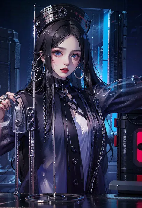 hugefilesizebestquality,highlydetailed,masterpiece,ultra-detailed,extremelydetailedCGunity8kwallpaper,Solo, upper body only, one girl,fashi-girl, long hair, ponytail, black hair, black suspender, gray coat, black collar, metal jewelry, ring earrings, blue eyes, night, neon lights, city, blurred background, <lora:fashionGirl_v50:1>