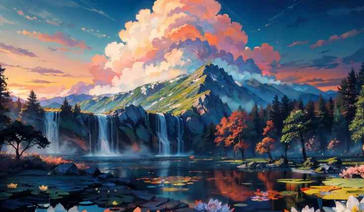(masterpiece:1.2),best quality,extremely detailed,absurdres,highres,ultra detailed,beautiful sky,(detailed clouds),sunset,cloudy,ethereal scenery, flower field,aesthetic,tall grass,flowers, forest,
(small_pond:1.3),reflection,caustics,lily pad:1.2,bamboo, mountains, hills,no_people,
cinematic,light particles,sunset,detailed background, gorgeous,rocks, waterfall, <lora:add_detail:0.5>