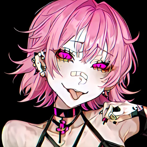 <lora:kuroumemodoki-style-09:1>,1girl, cyan hair, medium hair, earrings, piercings, bandaid, tongue