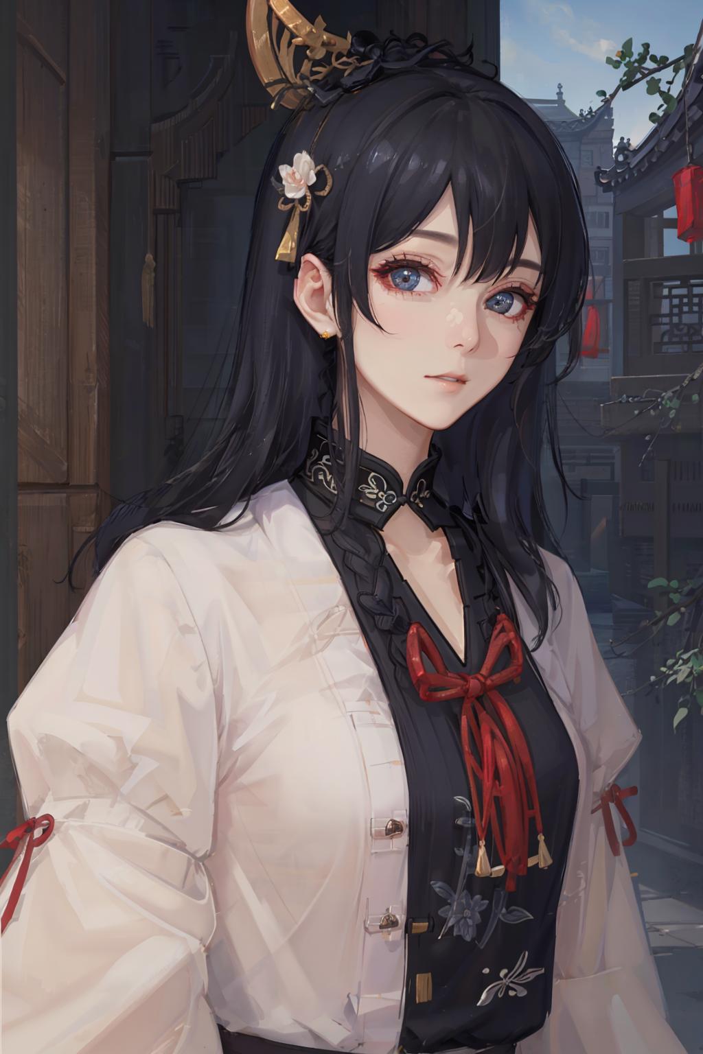 Anime girl with long black hair and a white shirt and red bow - SeaArt AI