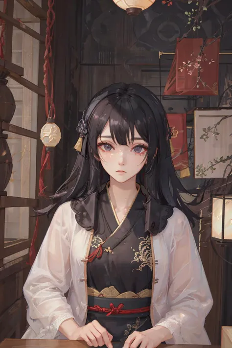 Ultra-realistic 8k CG, masterpiece, ((ultra-detailed background, delicate pattern, intricate details)), best quality, very detailed face, extremely detailed eyes and face, extremely detailed eyes, upper body,1girl, middle breasts, solo, long hair, black hair, straight hair, jasper eyes, sharp eyes, ming hanfu, ming style outfits, white short coat, mamian skirtt, standing collar, seiza, sitting on a wooden chair, looking at viewer, daytime, (forbidden city), dim lights, <lora:hanfu_v30Song:0.4>